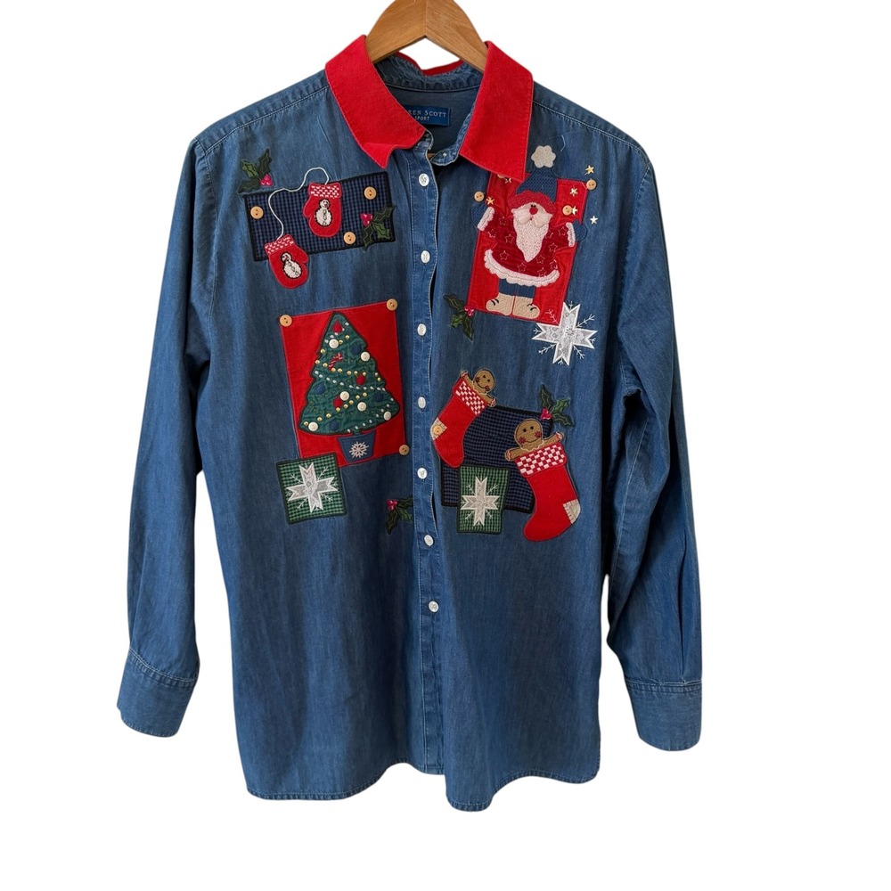 Karen Scott Denim Button Down Shirt Womens L Blue Christmas Santa Embroidered